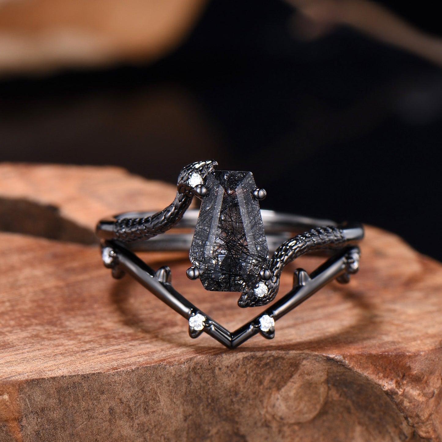 Unique Snake Black Gold engagement ring set cold-blooded coffin shaped black rutilated quartz wedding set for women anniversary promise gift