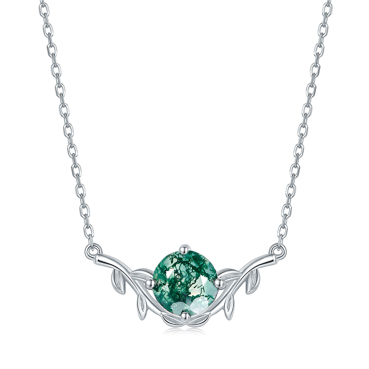 8mm Round Cut Nature Inspired Moss Agate Necklace Leaf Vine Jewelry