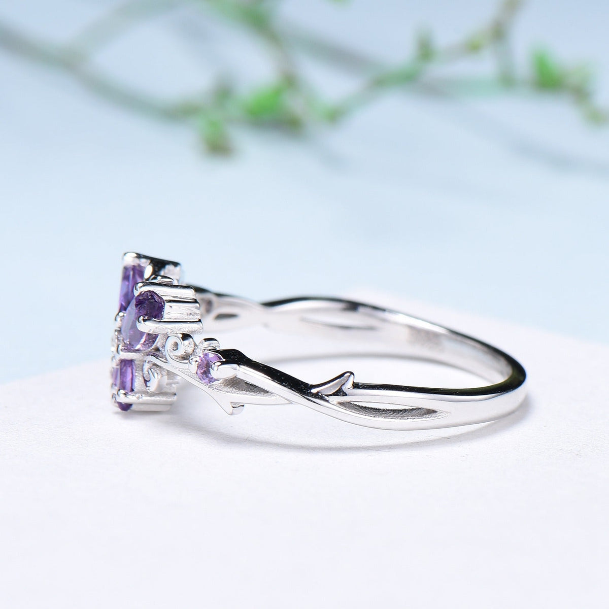 Unique Butterfly wedding ring vintage marquise amethyst engagement ring purple crystal silver white gold custom anniversary gift  for women
