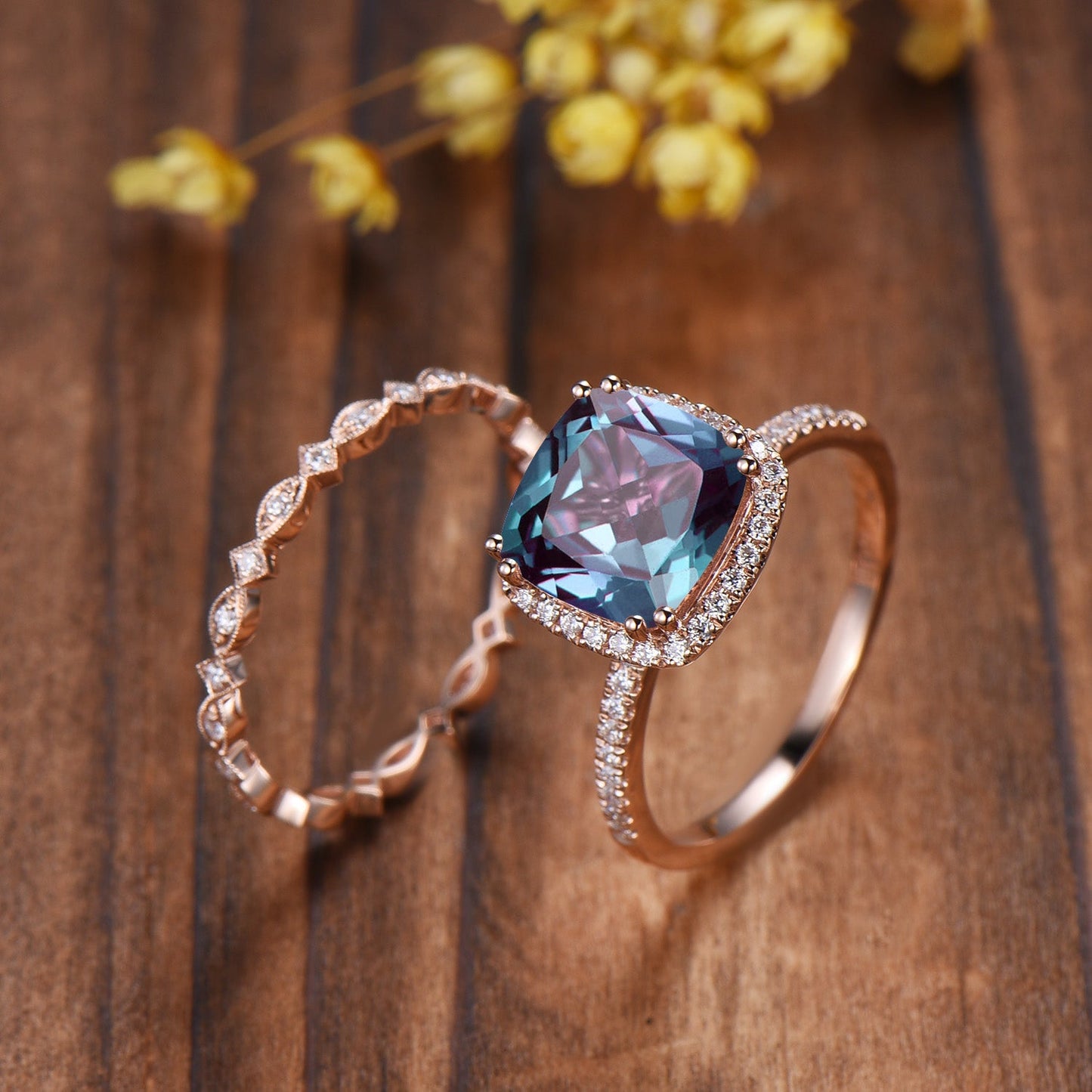 3ct Cushion Alexandrite Engagement Ring Set, 14k Rose Gold Halo Diamond Bridal Ring, Art Deco Full Eternity Milgrain Band