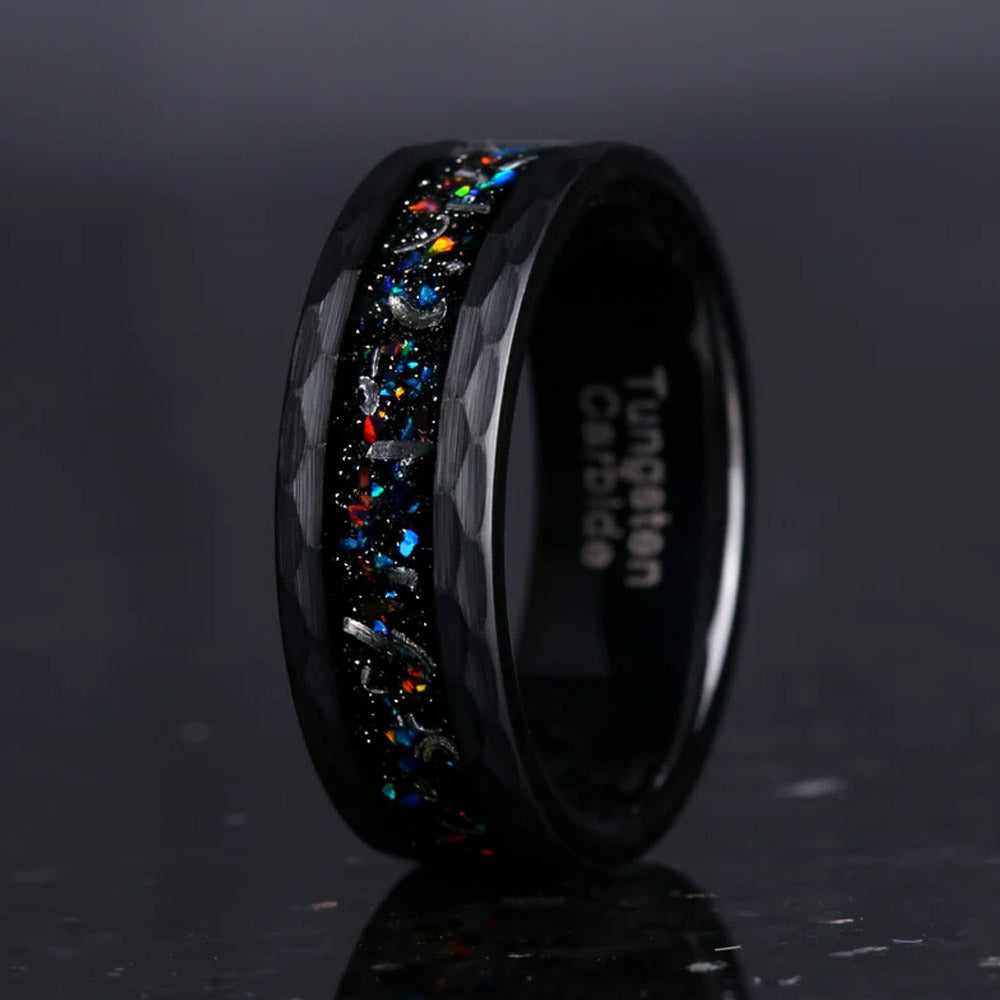 8mm tungsten men's wedding band steel hammered black ring inlaid with colored opal