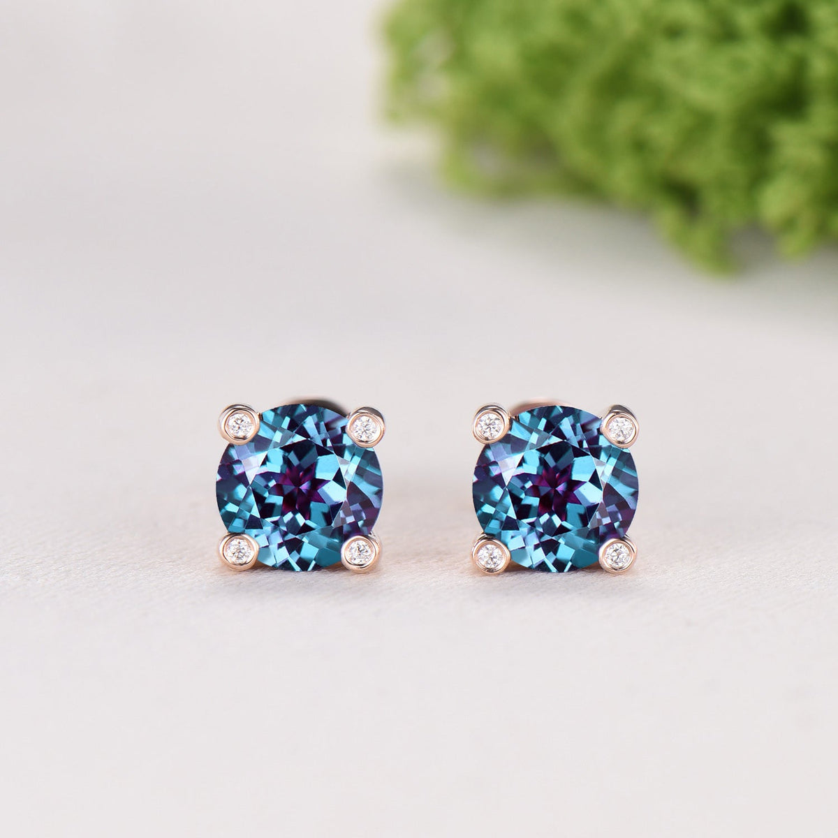 Minimalist Alexandrite Stud Earrings | Round Cut Color Change Stone, June Birthstone