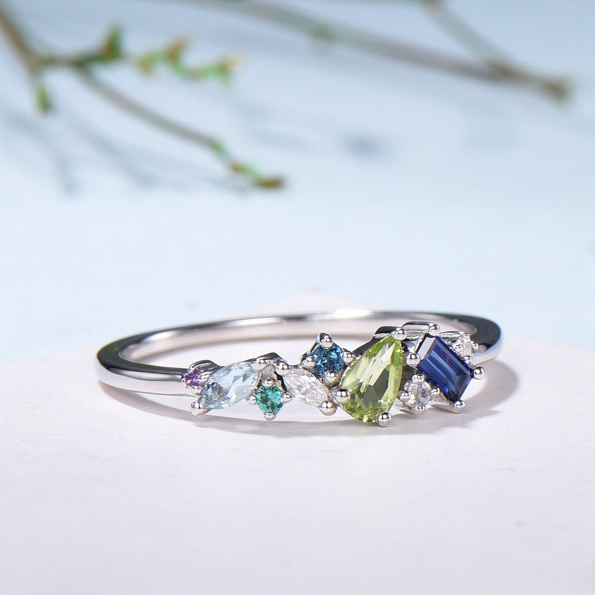 Multi-Gemstone Cluster Wedding Ring | Peridot, Amethyst, Topaz, Sapphire & Aquamarine