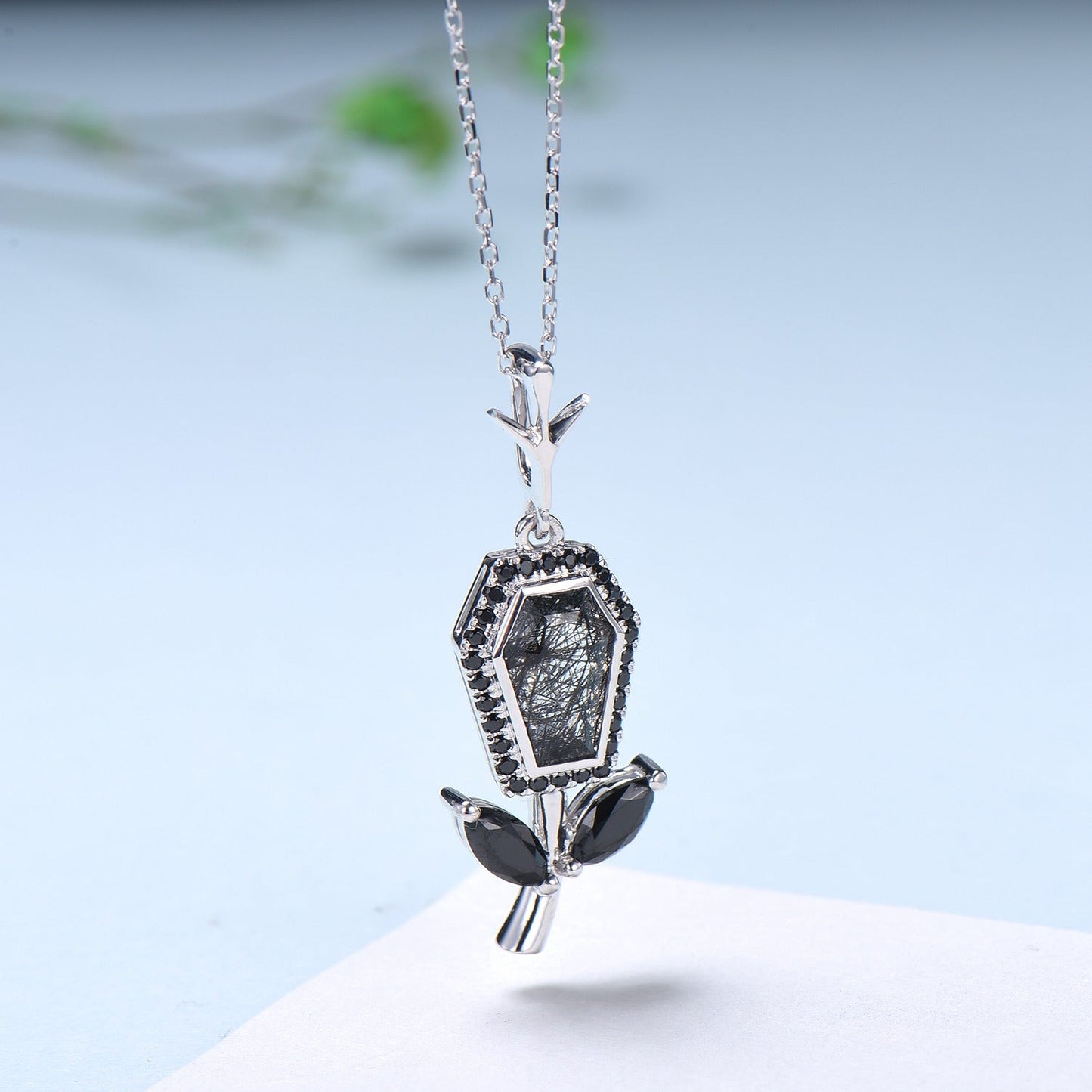 Vintage Coffin black rutilated quartz pendant necklace solid 14k 18k rose gold halo black spinel Personalized anniversary Halloween Jewelry