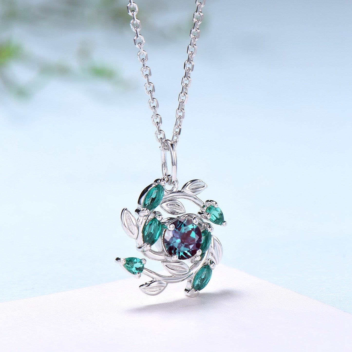 Unique Nature Inspired Alexandrite Necklace Vintage Marquise Pear Emerald Necklace Elegant Snowflake Pendant Anniversary gift for daughter