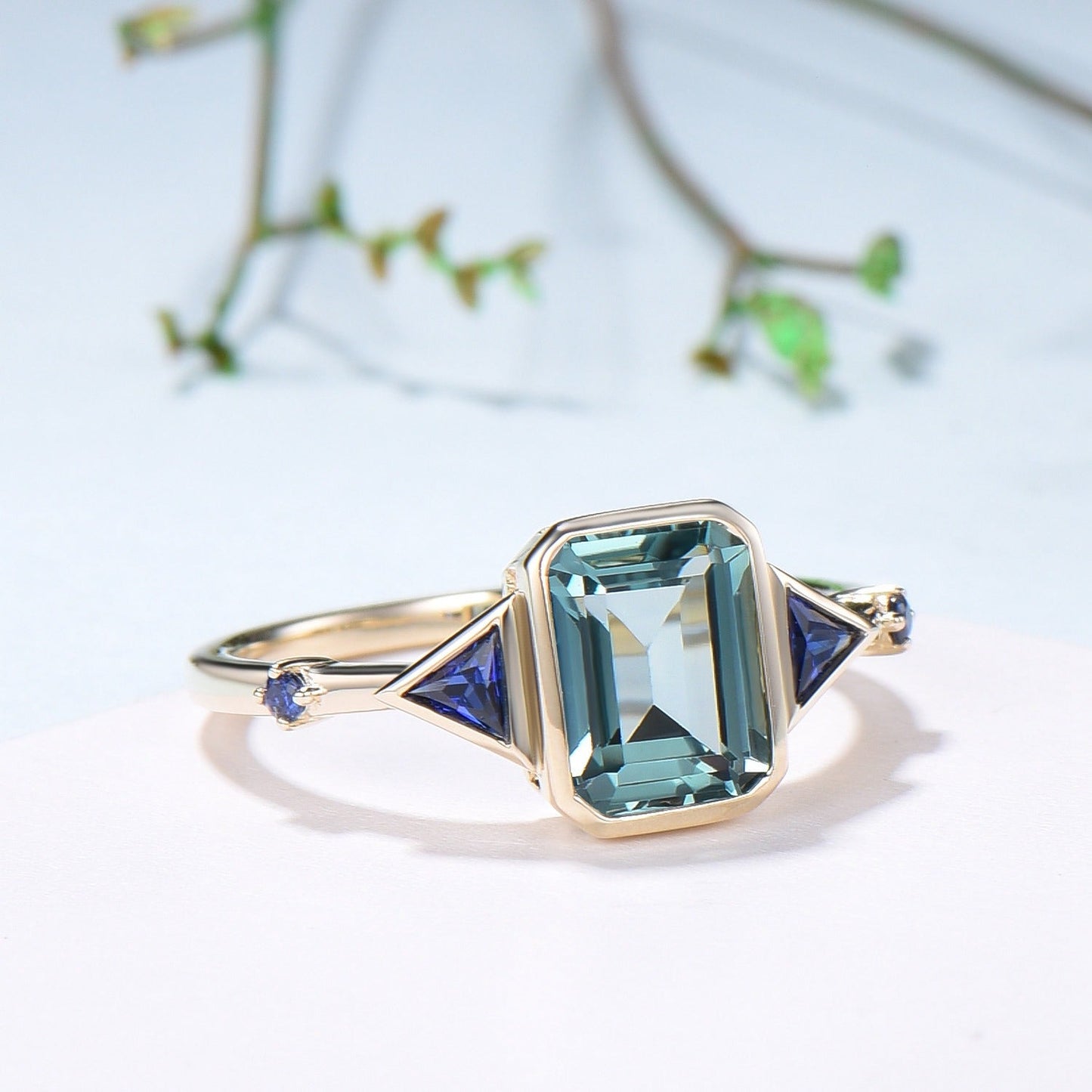 Unique Emerald Cut Green Sapphire Engagement Ring Bezel Set Trillion Blue Sapphire Five Stone Wedding Ring Anniversary Ring Gift for Women