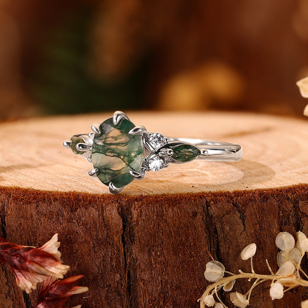 6*8mm Oval Cut Moss Agate Engagement Ring Nature Inspired Leaf Design Ring with Green Accents