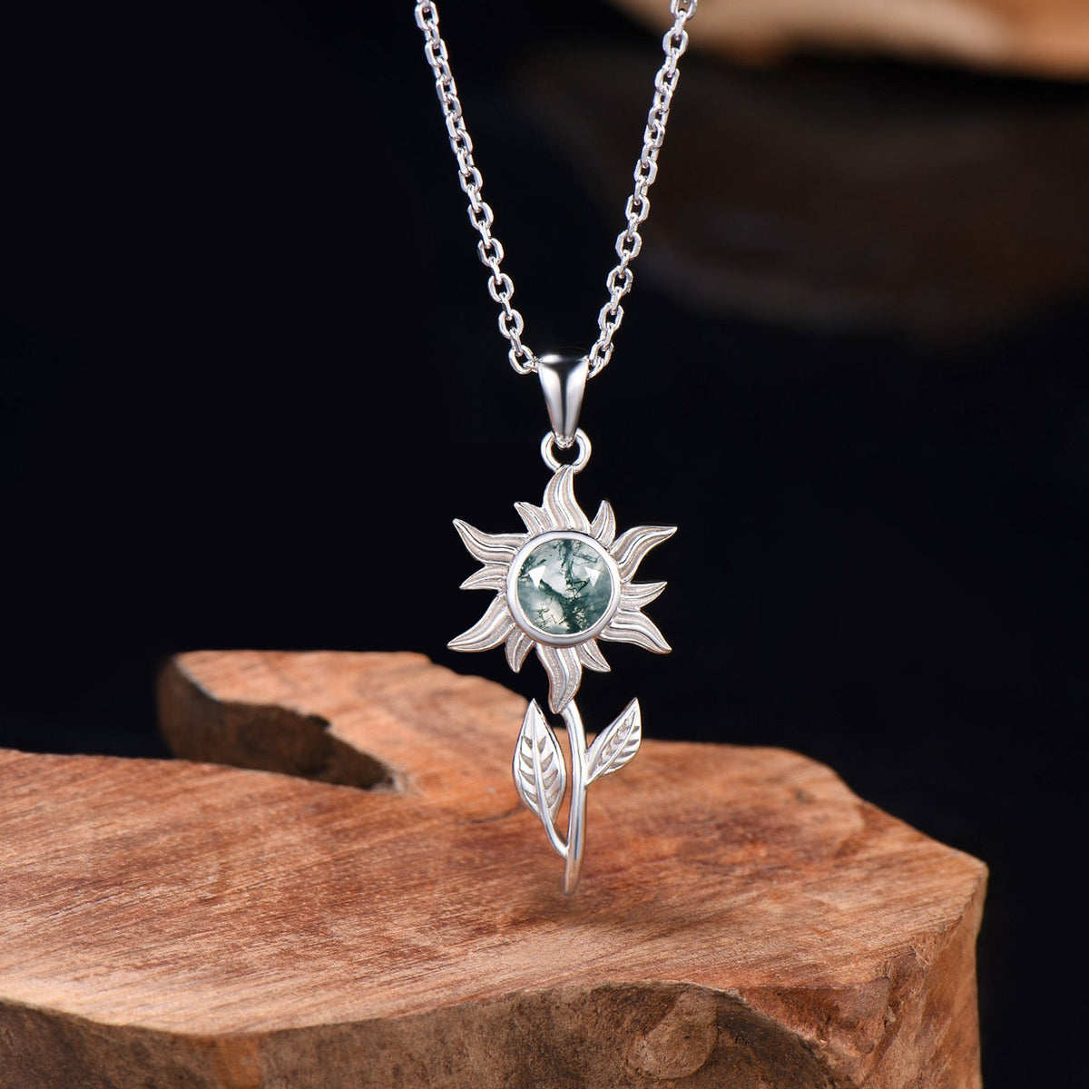 Dainty Moss Agate Sunflower Pendant Necklace, Nature Inspired 14K Gold Solitaire Charm