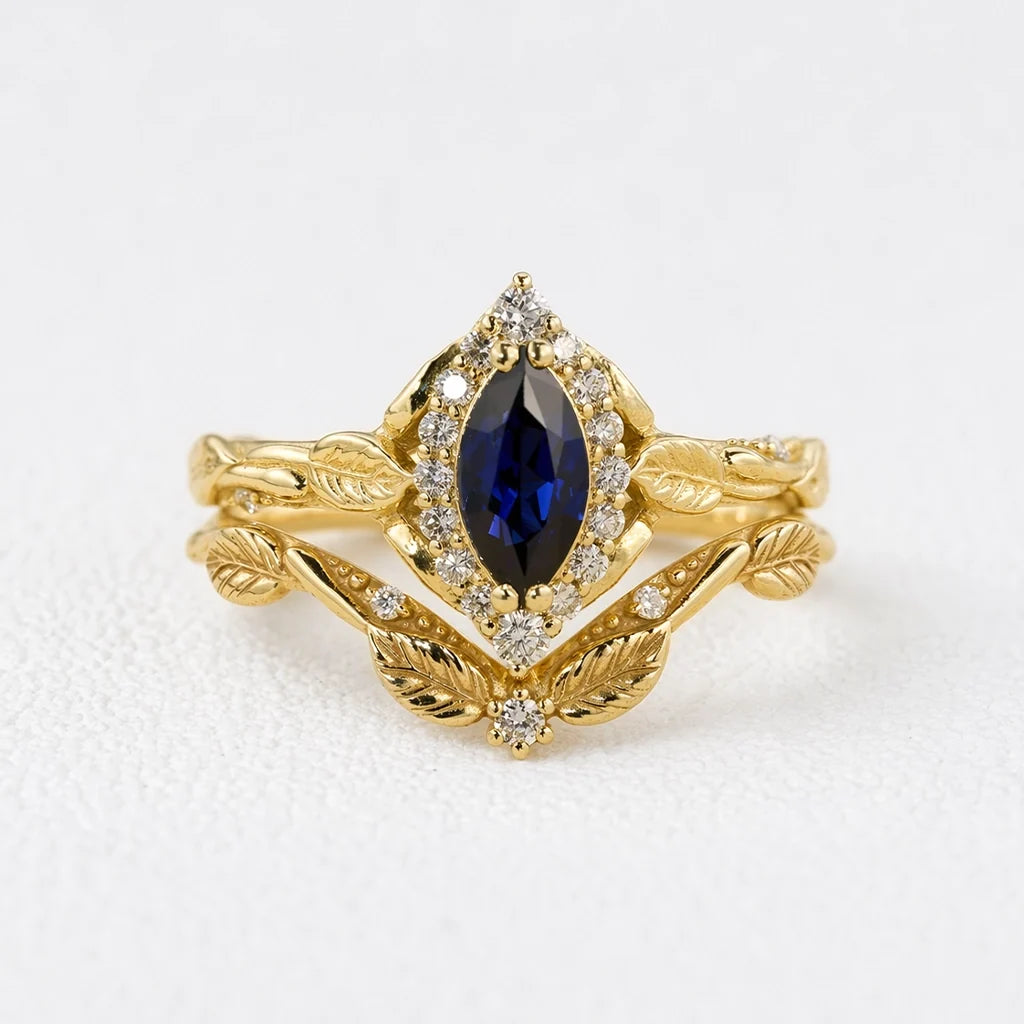 Victoria’s Diadem | Marquise Cut Sapphire & Diamond Halo Bridal Set 2pcs