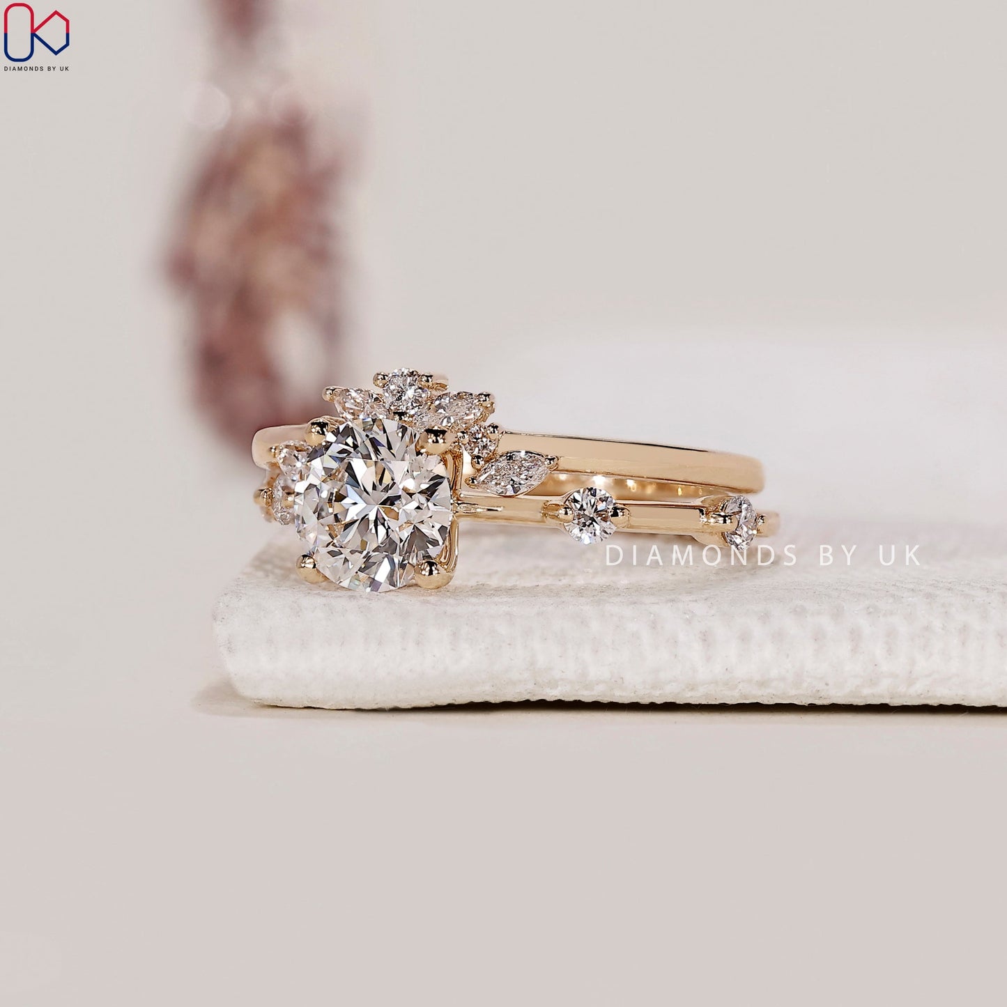 Side Stone Round Cut Engagement Ring with Wedding Band