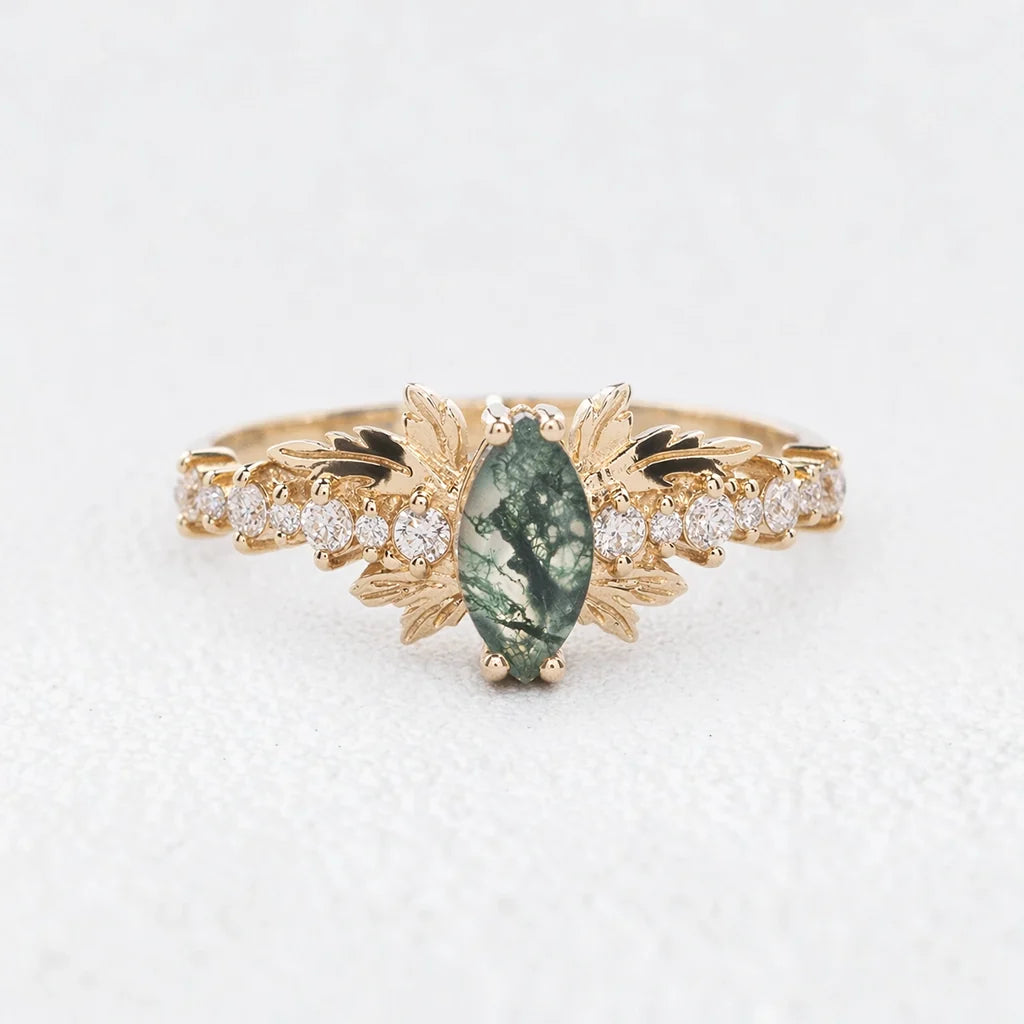 Aurora’s Moss Wing | Marquise Moss Agate Vintage Bridal Set 2pcs