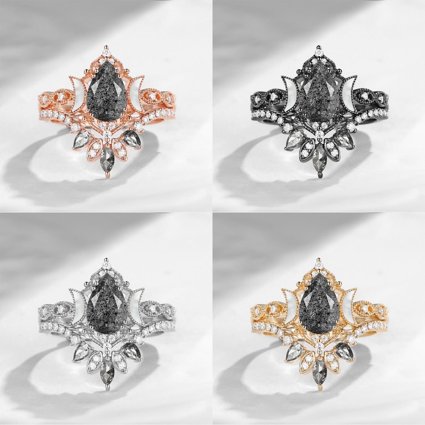 Crescent Moon | Pear Herkimer Diamond & Mother of Pearl Moon 'Ultra Galaxy' Engagement Ring Set 2pcs