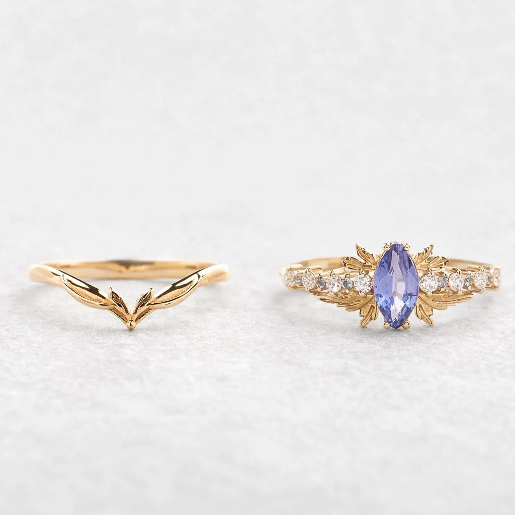 Aurora’s Fairy Wing | Marquise Natural Sapphire Vintage Bridal Set 2pcs