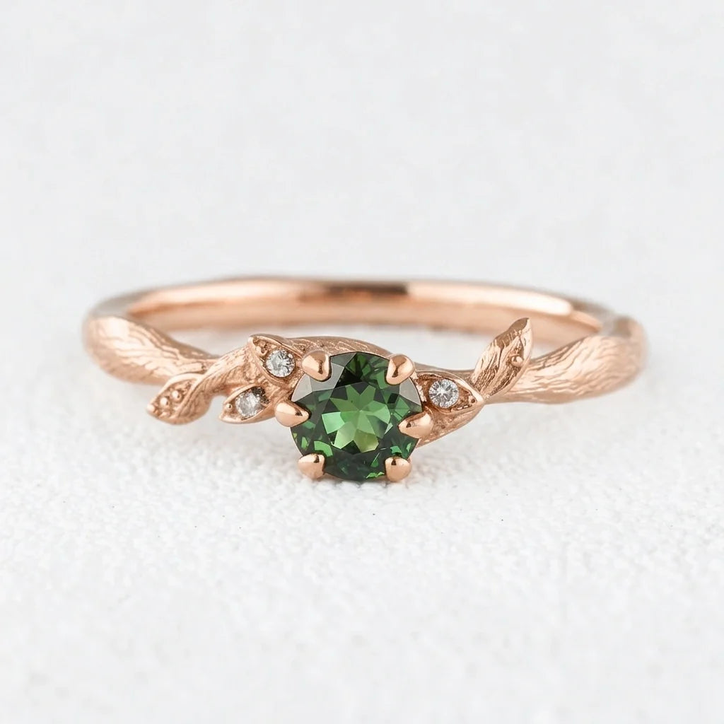 Fairy Glen | Teal Sapphire Engagement Ring with Leaf Band