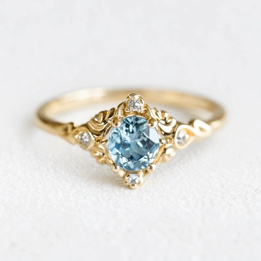 Marina’s Lace | Round Aquamarine Engagement Ring with Filigree Setting