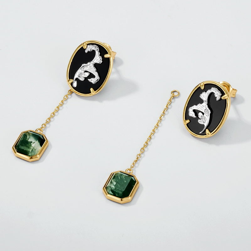 Victorian Vintage Black Onyx & Moss Agate Dangle Earrings