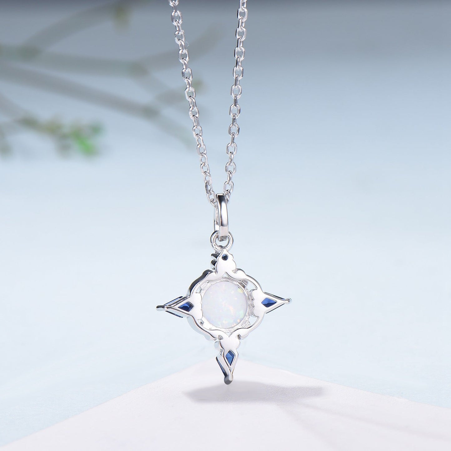 Celtic Knot Opal Pendant Necklace, 14K Rose Gold, Sapphire Accents