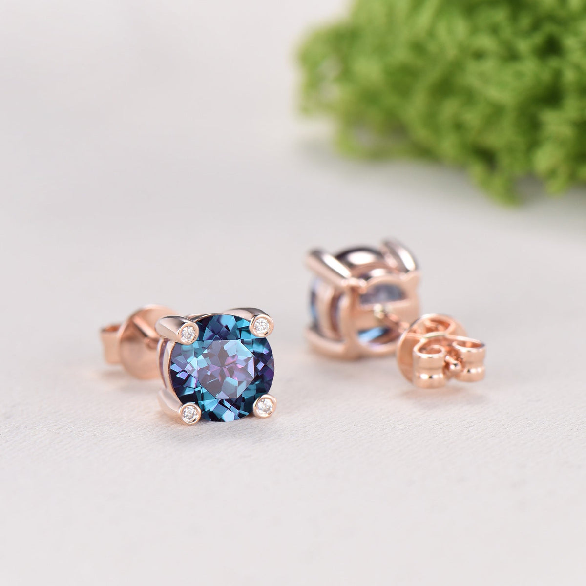 Minimalist Alexandrite Stud Earrings | Round Cut Color Change Stone, June Birthstone