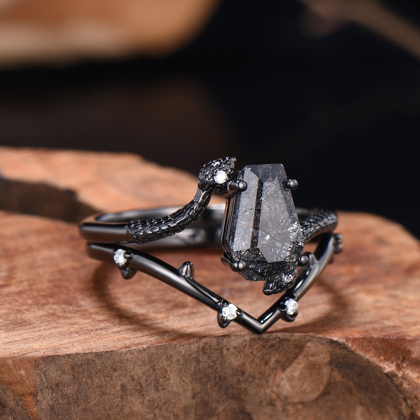 Black Rutilated Quartz Engagement Ring Set - Coffin Gemstone, Black Gold