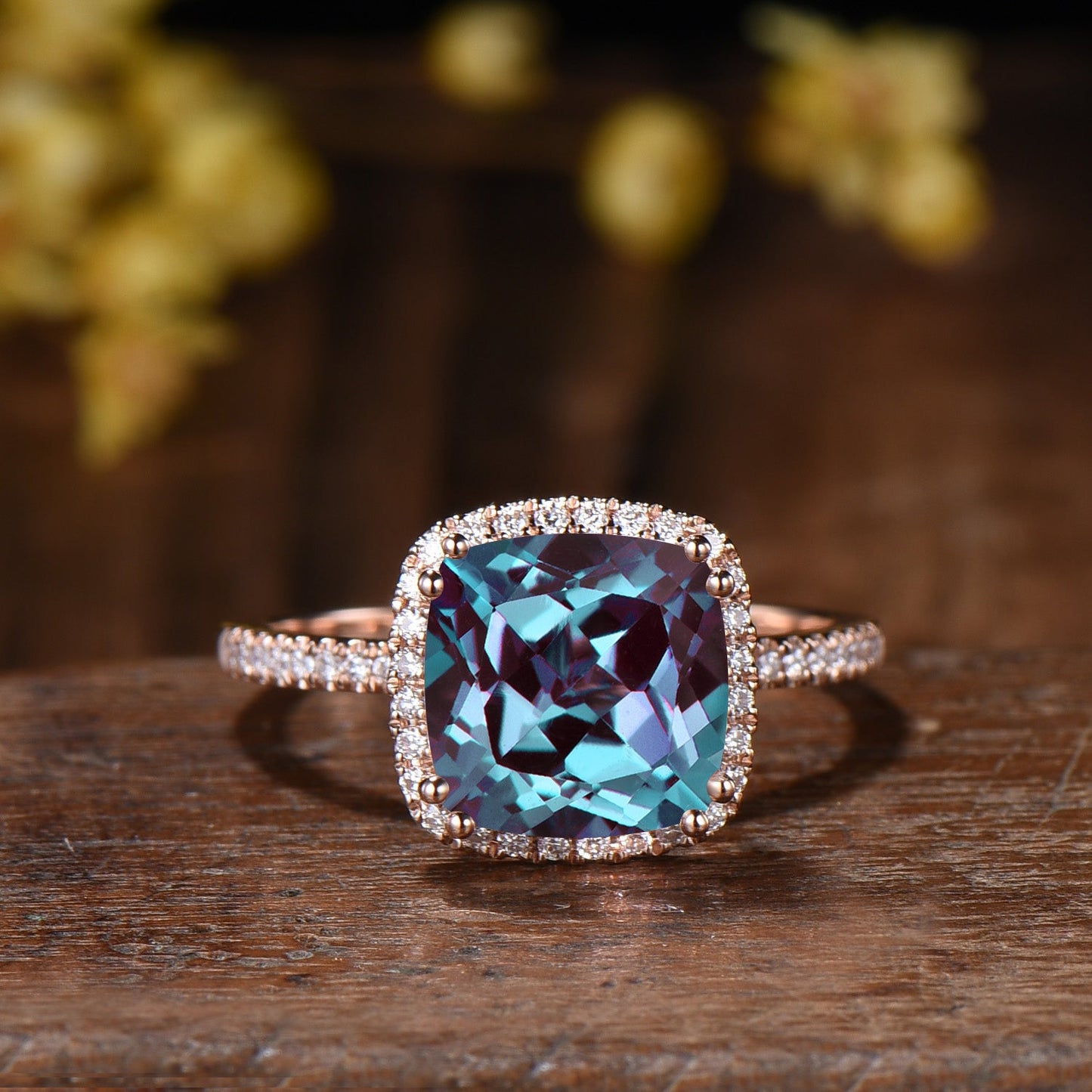 3ct Cushion Alexandrite Engagement Ring Set, 14k Rose Gold Halo Diamond Bridal Ring, Art Deco Full Eternity Milgrain Band