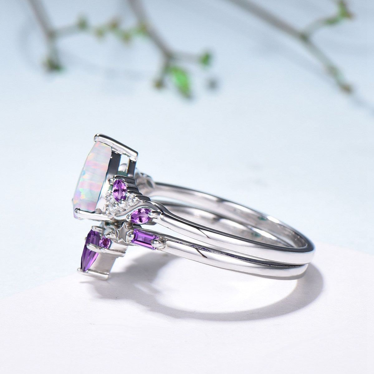 Pear Shaped White Opal Engagement Ring Set: Enchanted Moonlit Opal & Amethyst Set