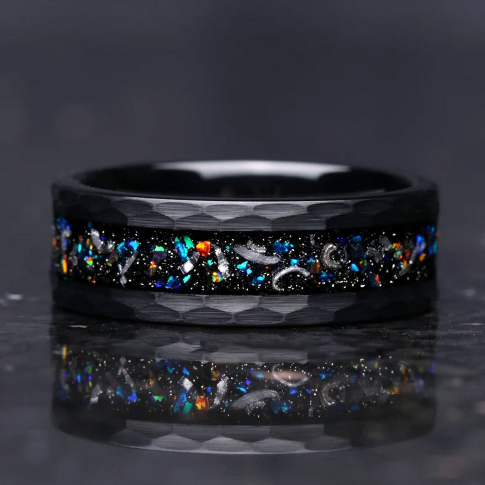 8mm tungsten men's wedding band steel hammered black ring inlaid with colored opal