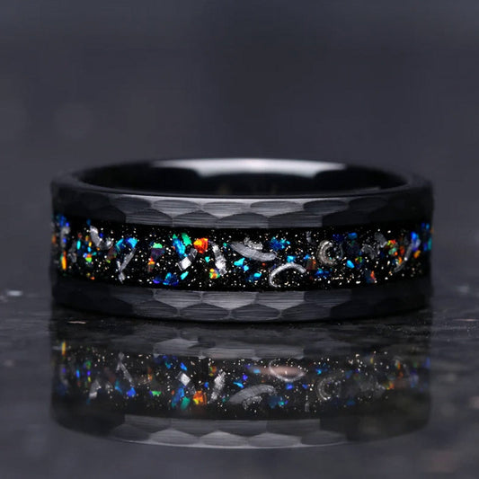 8mm tungsten men's wedding band steel hammered black ring inlaid with colored opal