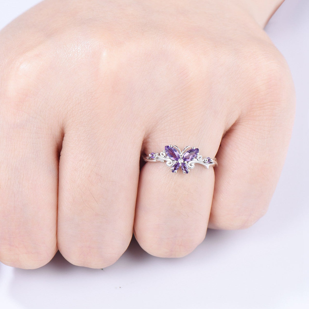 Unique Butterfly wedding ring vintage marquise amethyst engagement ring purple crystal silver white gold custom anniversary gift  for women