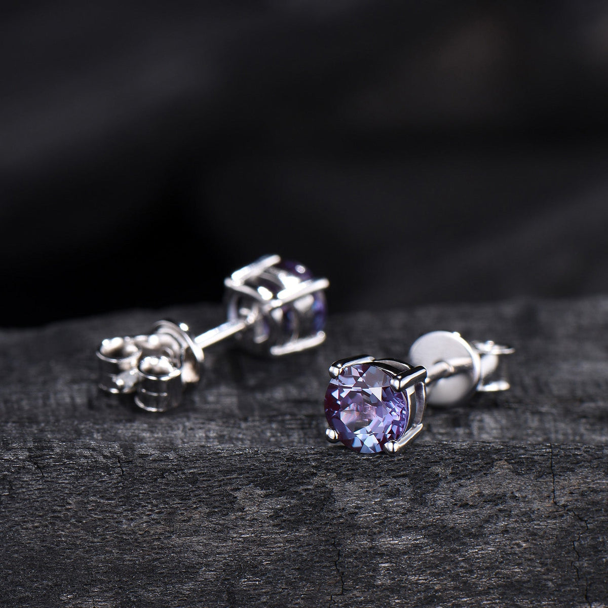 Solitaire Round Cut Alexandrite Stud Earrings Round Prongs