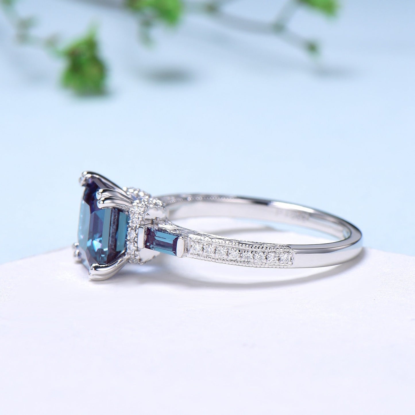 Unique asscher cut alexandrite engagement ring, hidden halo basket setting, 3 stone baguette color change June birthstone anniversary ring