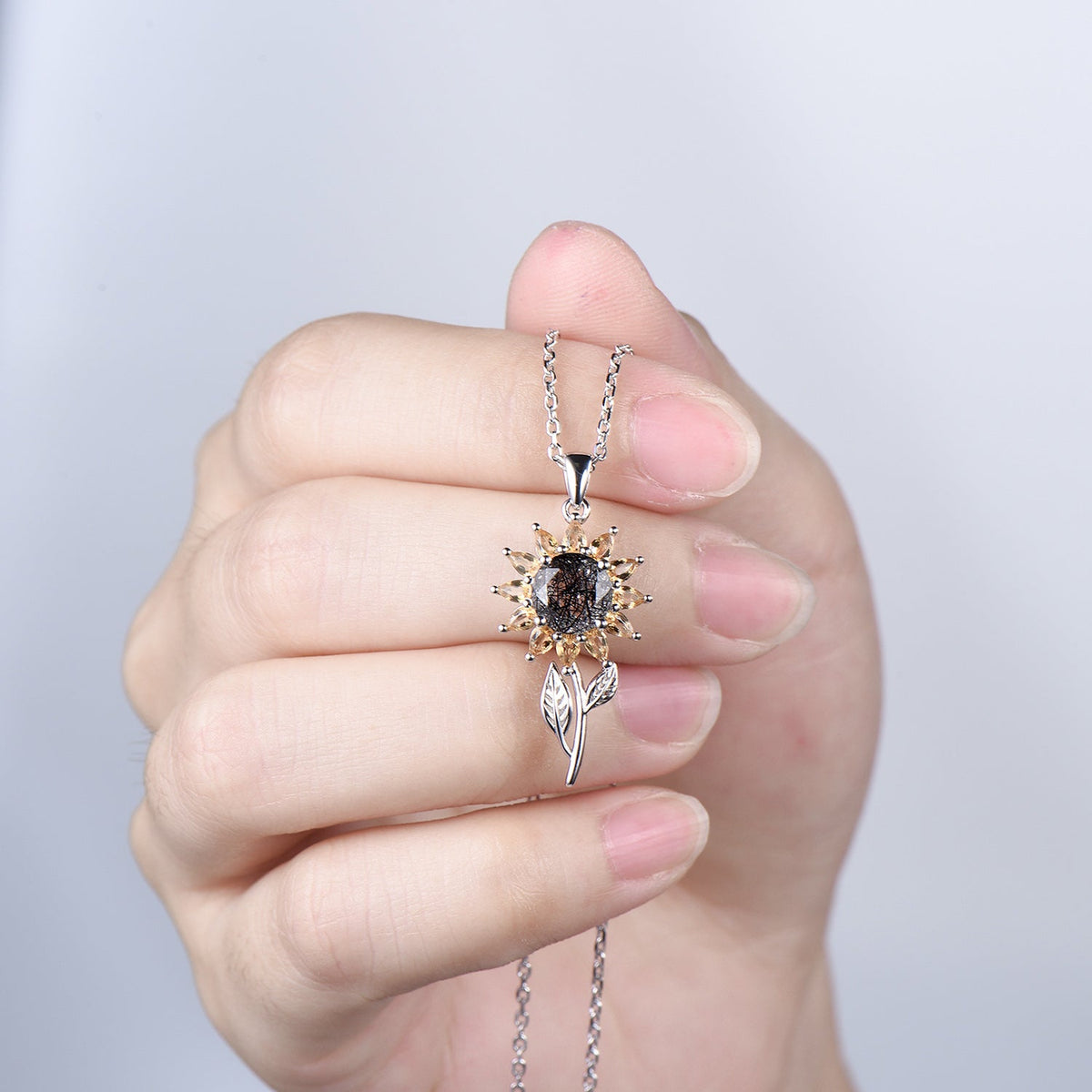 Black Rutilated Quartz Sunflower Necklace, Citrine Halo, 14K Gold Floral Pendant