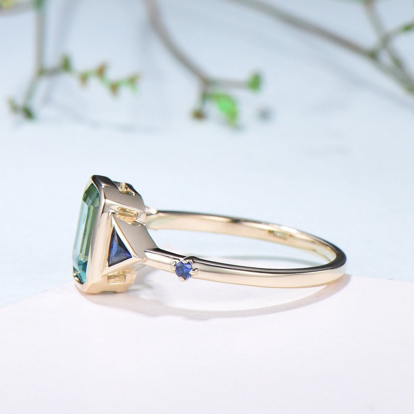 Unique Emerald Cut Green Sapphire Engagement Ring Bezel Set Trillion Blue Sapphire Five Stone Wedding Ring Anniversary Ring Gift for Women