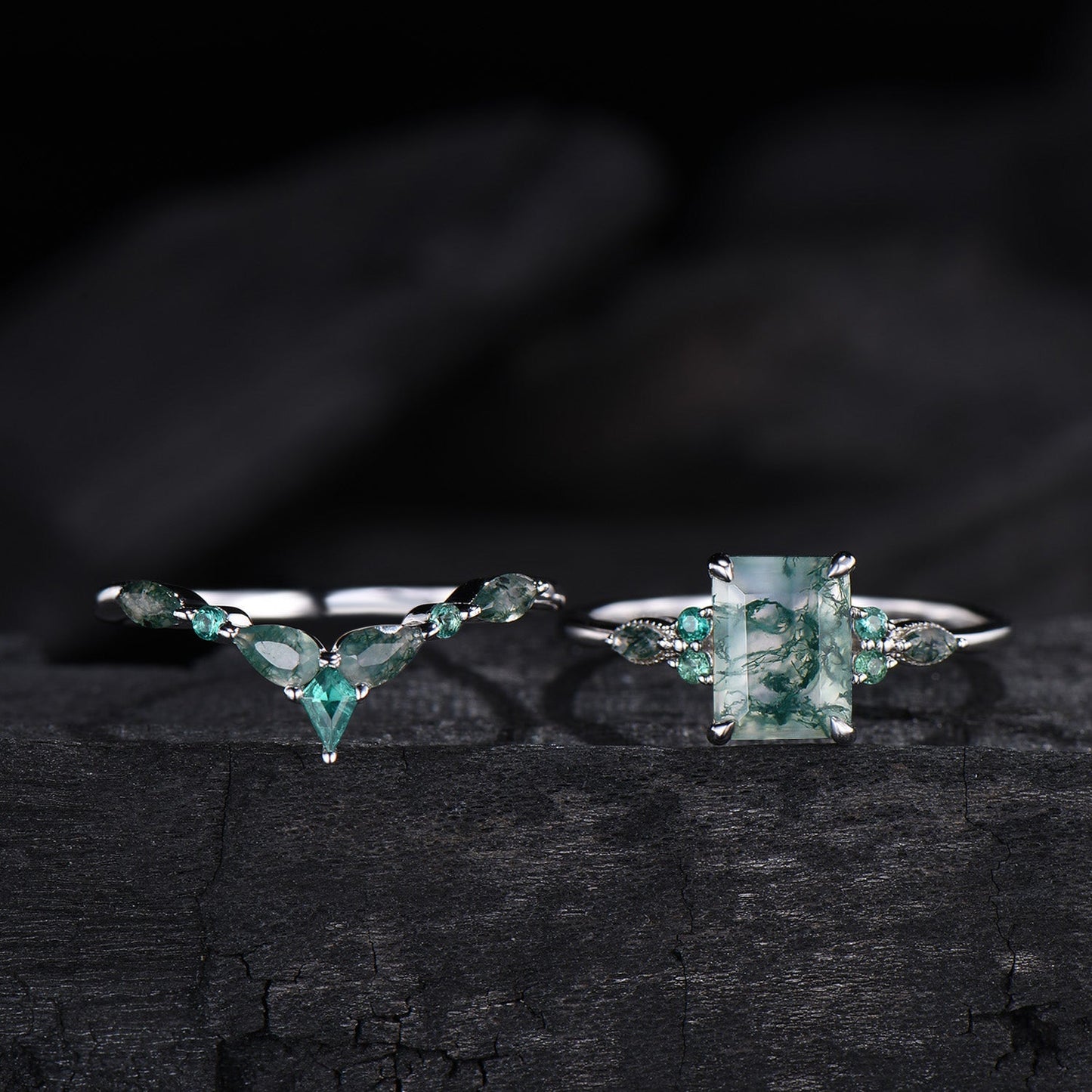 Unique Emerald Cut Natural Moss Agate Engagement Ring Set Seven Stone Green Gemstone Wedding Ring Set 14K Rose Gold Emerald Bridal Set Women