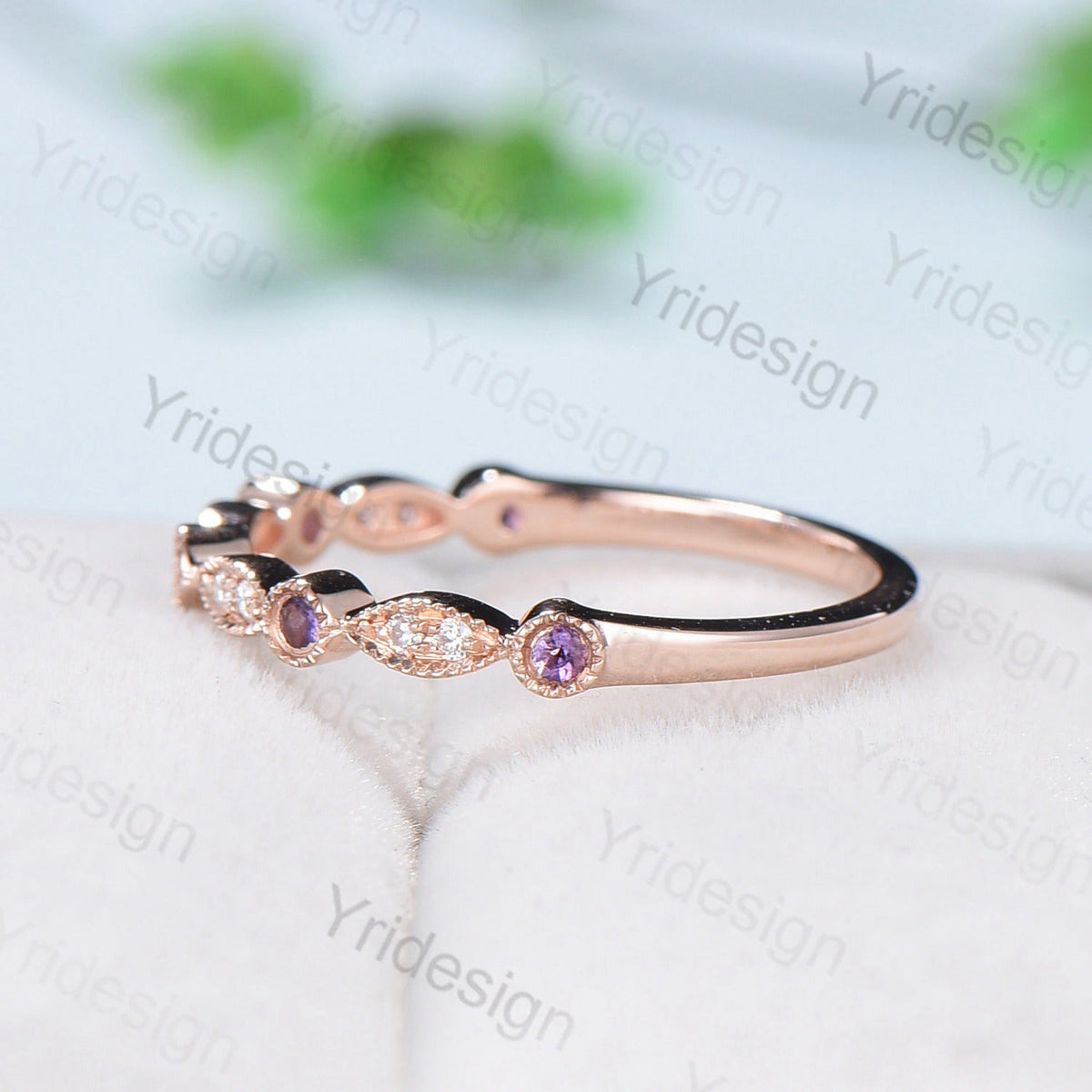 Luxe Tiara Half Eternity Amethyst And Diamond Wedding Band- Art Deco