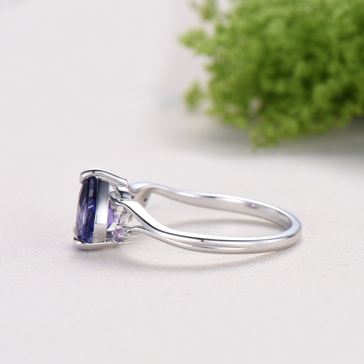 Vintage Pear Shaped Purple Sapphire Engagement Ring, Nature Inspired Leaf Twig Gold Ring, Accent Amethyst Split Shank Anniversary Ring