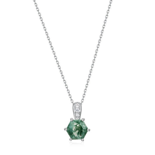 Hexagon Natural Moss Agate Pendant Necklace