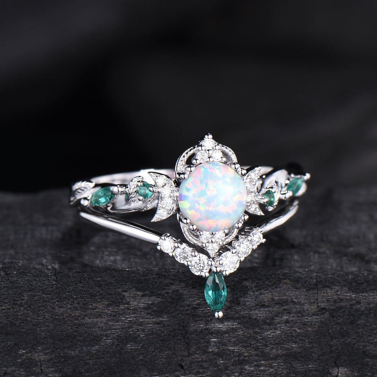 Vintage White Opal Engagement Ring Set Unique Leaves Nature Inspired Emerald Wedding Ring Set Art Deco Green Crystal Moissanite Bridal Set