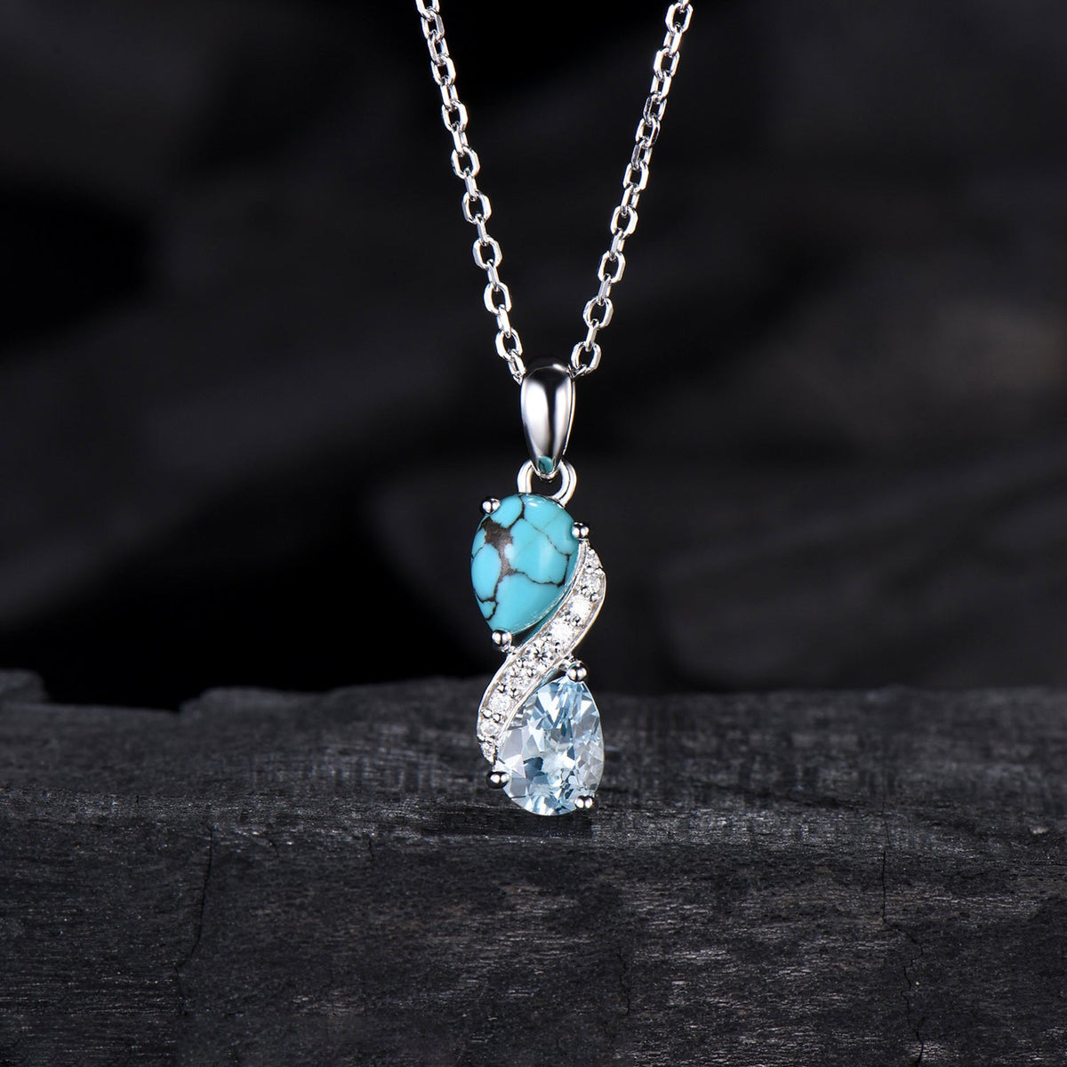 Aquamarine Turquoise Toi et Moi Necklace, Double Pear Cut, Handmade Gold Pendant