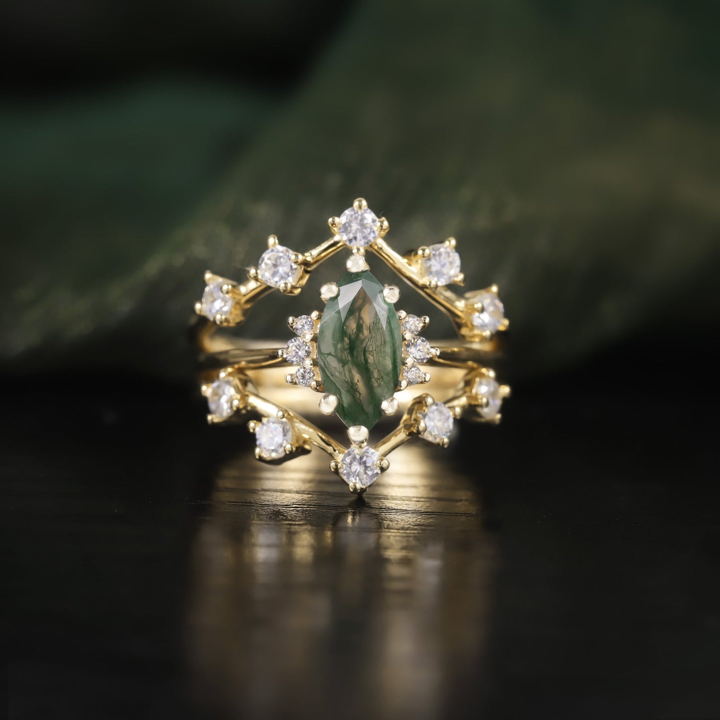 Marquise Cut Moss Agate Cluster Vintage Ring