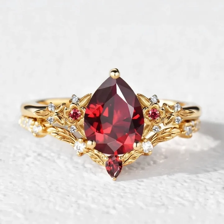 Scarlett’s Twig | Vintage Pear Red Ruby & Diamond Floral Bridal Set 2pcs