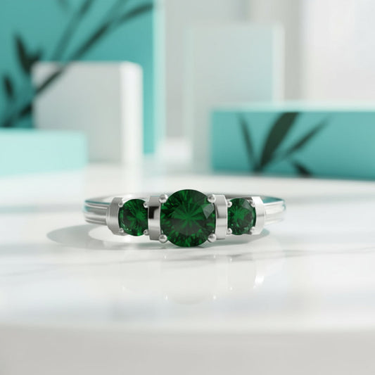 2.4 Ct Round Cut Three Stone Emerald Bar Engagement Ring