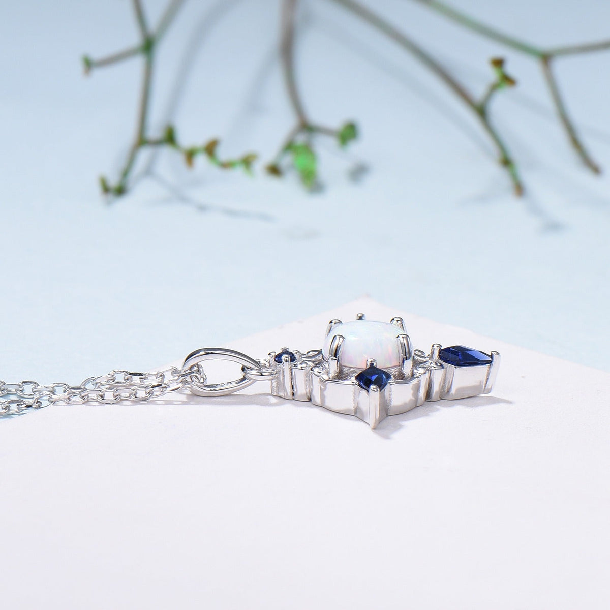 Celtic Knot Opal Pendant Necklace, 14K Rose Gold, Sapphire Accents