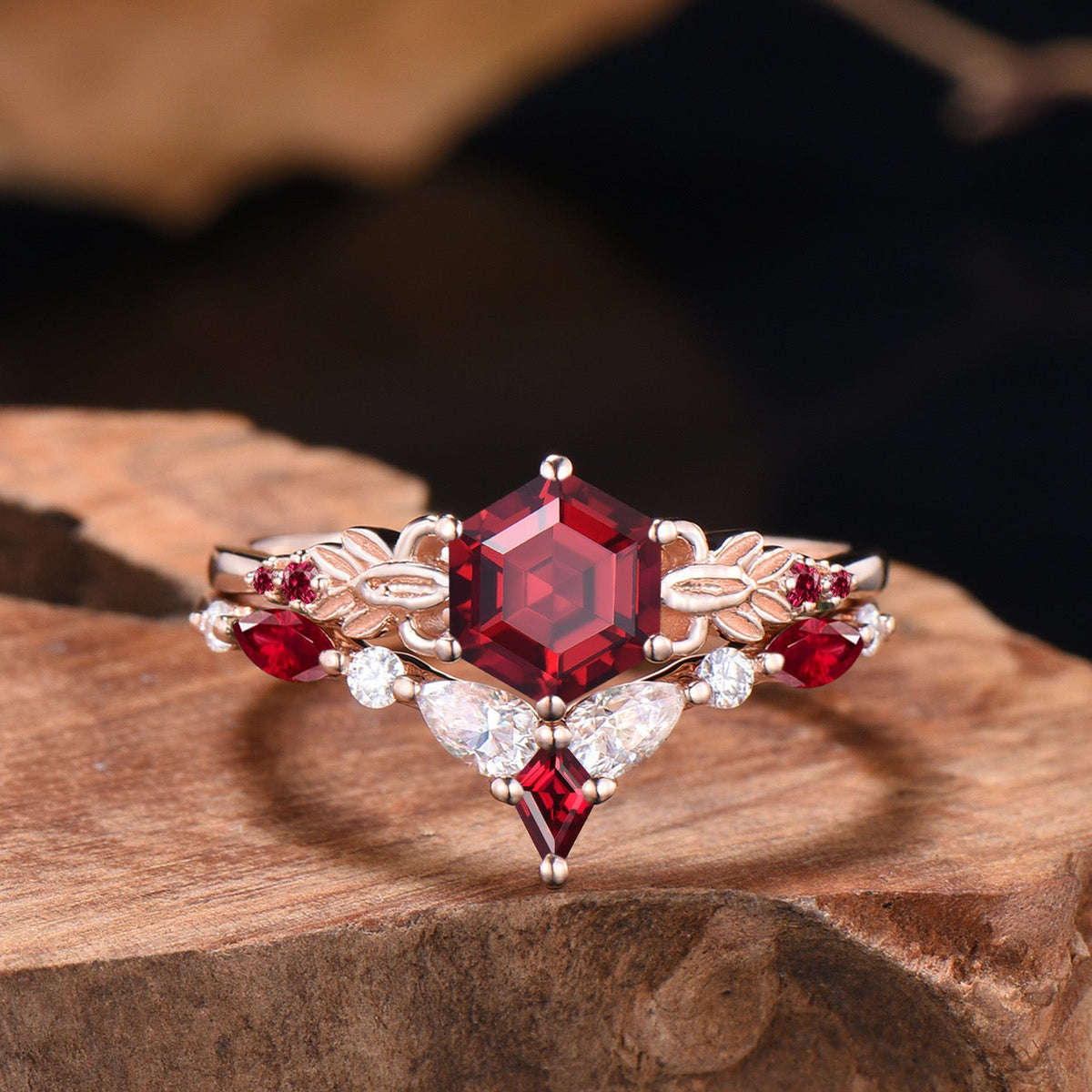 Nature Inspired Ruby Engagement Ring Set Art Deco Floral Flower Moissanite Wedding Set For Women (Copy)