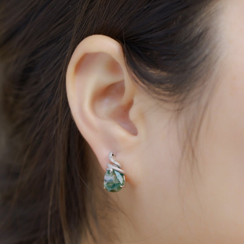 Pear Shaped Moss Agate Snake Stud Earrings