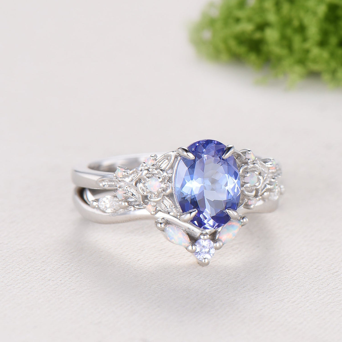 Floral Oval Tanzanite Engagement Ring Set, White Gold Twig Vine Opal Band, Nature Inspired Wedding Bridal Set