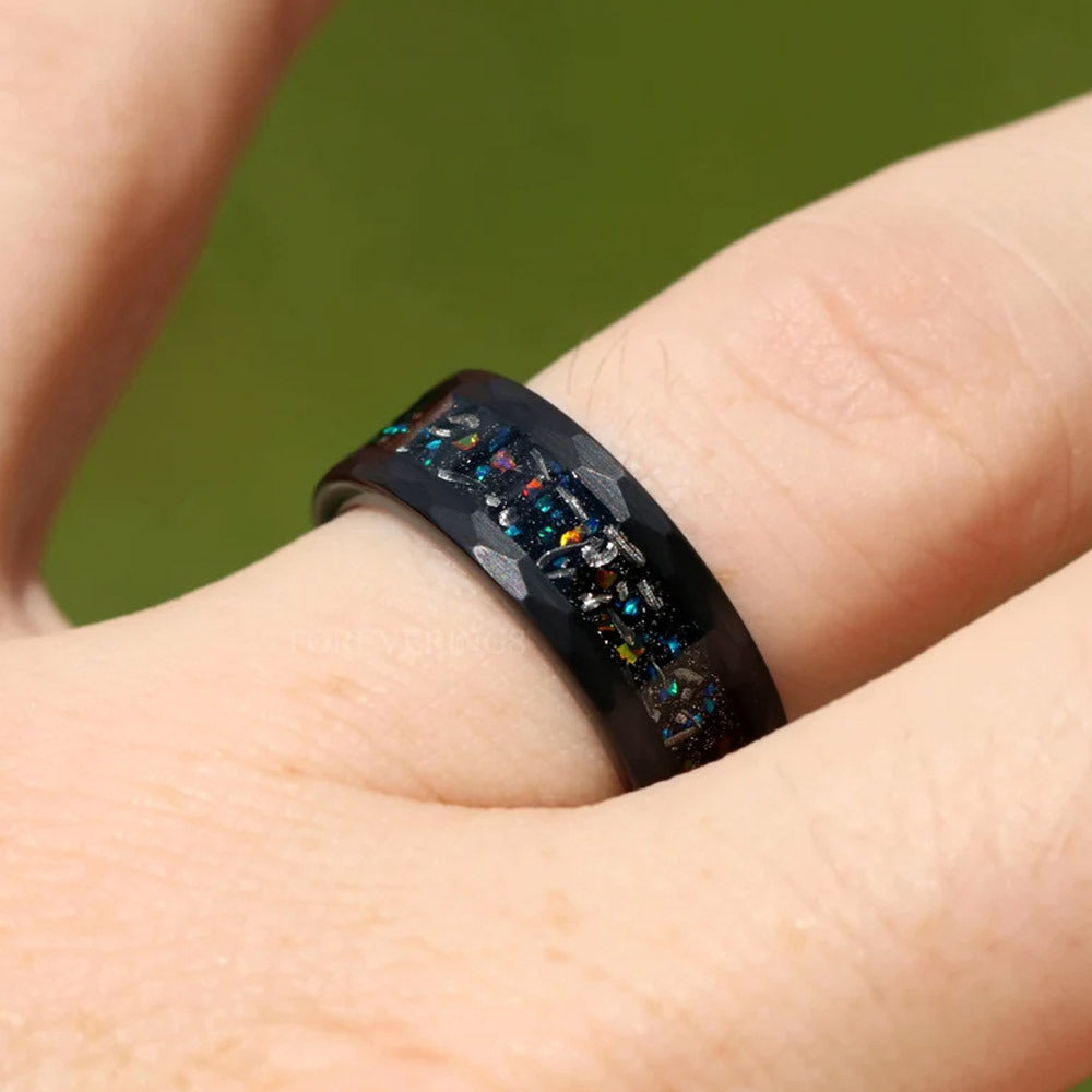8mm tungsten men's wedding band steel hammered black ring inlaid with colored opal