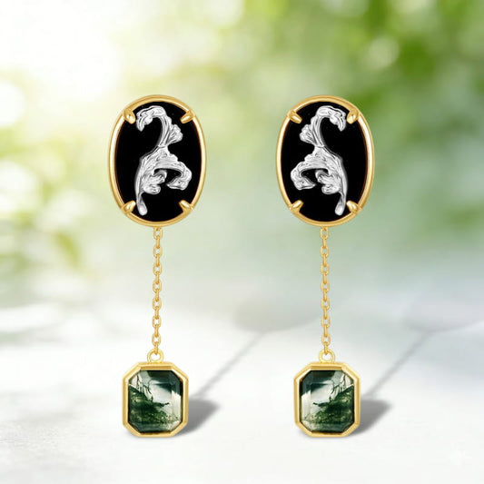 Victorian Vintage Black Onyx & Moss Agate Dangle Earrings