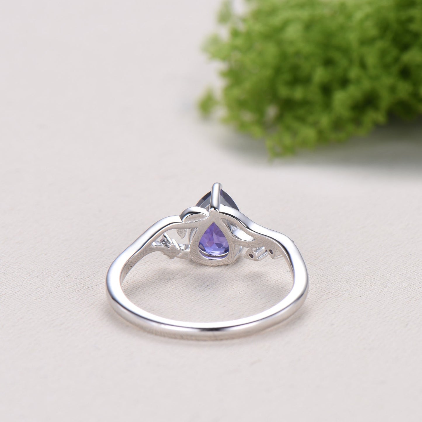 Vintage Pear Shaped Purple Sapphire Engagement Ring, Nature Inspired Leaf Twig Gold Ring, Accent Amethyst Split Shank Anniversary Ring