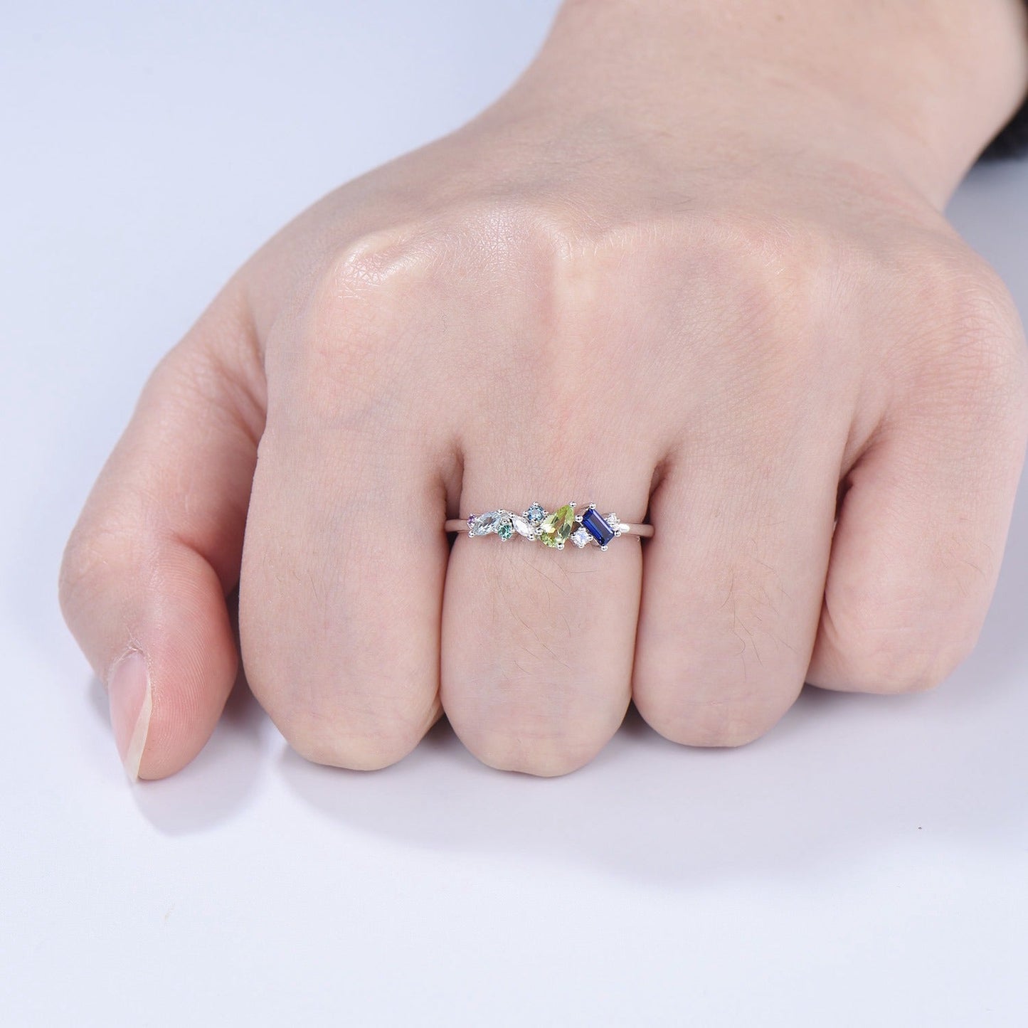 Multi-Gemstone Cluster Wedding Ring | Peridot, Amethyst, Topaz, Sapphire & Aquamarine