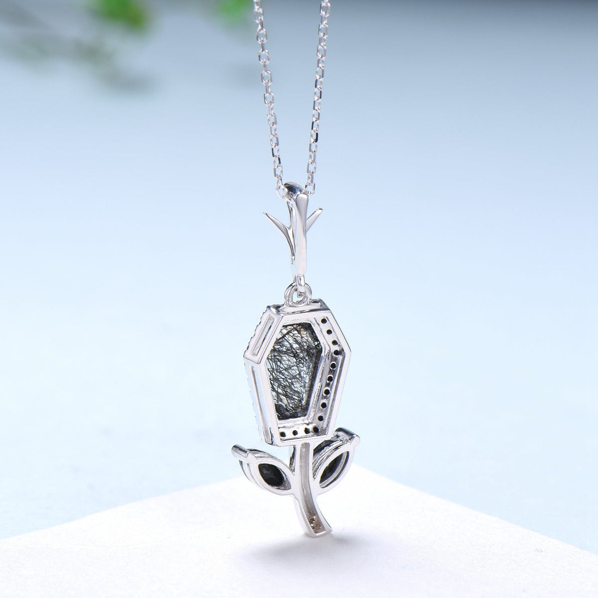 Vintage Coffin black rutilated quartz pendant necklace solid 14k 18k rose gold halo black spinel Personalized anniversary Halloween Jewelry
